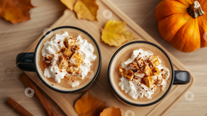 Скачать Уютные осенние напитки со взбитыми сливками и специями, идеально подходящие для осенних посиделок и сезонных праздников фотосток Ozero
