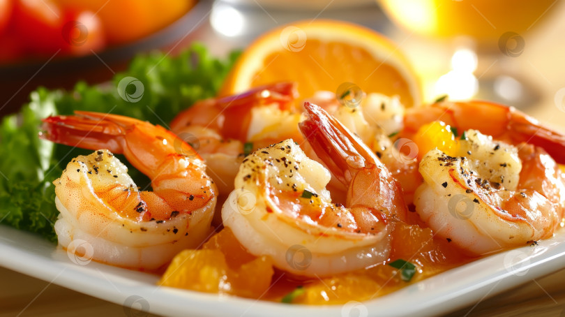 Скачать Вкусное блюдо из креветок, украшенное свежей зеленью, подается в уютном ресторане фотосток Ozero