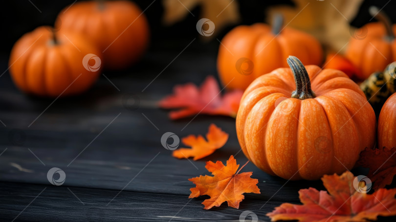 Скачать Разноцветные тыквы и осенние листья станут сезонным украшением стола из темного дерева фотосток Ozero
