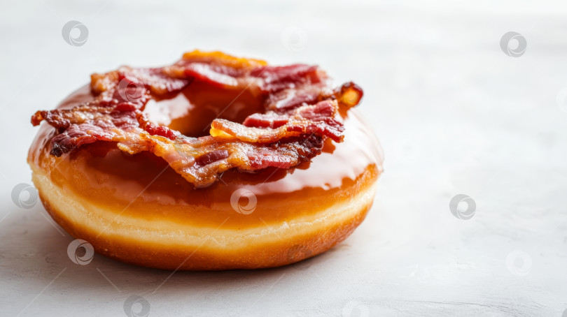 Скачать Вкусный пончик с беконом на светлом фоне, с четким акцентом на глазурь и текстуру фотосток Ozero