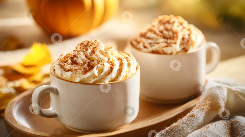 Скачать Теплый латте с тыквенными специями и взбитыми сливками подается в уютной осенней обстановке фотосток Ozero