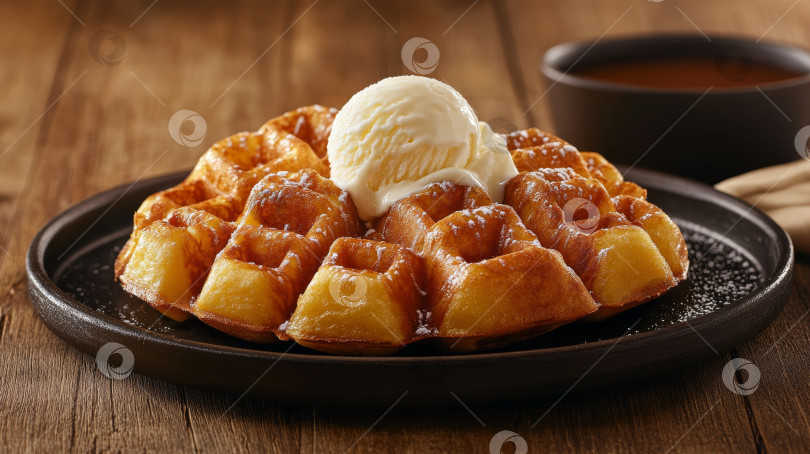 Скачать Восхитительные золотистые вафли с шариком сливочно-ванильного мороженого и кленовым сиропом подаются на деревянном столе в деревенском стиле фотосток Ozero