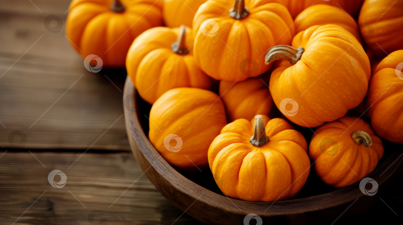 Скачать Ярко-оранжевые тыквы, разложенные в деревянной миске на деревенском столе, демонстрируют осенний урожай и сезонные идеи декора фотосток Ozero