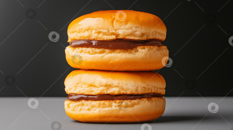 Скачать Вкусные пончики с начинкой из густого шоколадного крема на чистом сером фоне фотосток Ozero