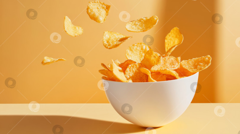 Скачать Хрустящие картофельные чипсы, разлетающиеся в белой миске на теплом оранжевом фоне во время художественной демонстрации блюд фотосток Ozero