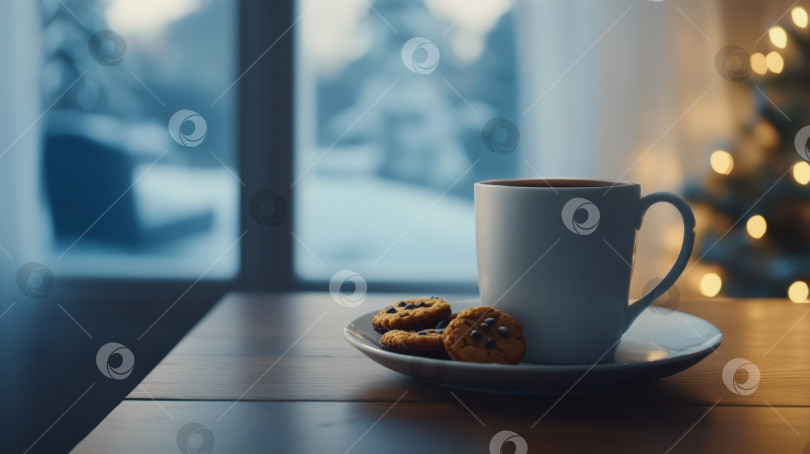 Скачать Теплый кофе и печенье на столе в уютной зимней обстановке со снегом и праздничными огнями фотосток Ozero