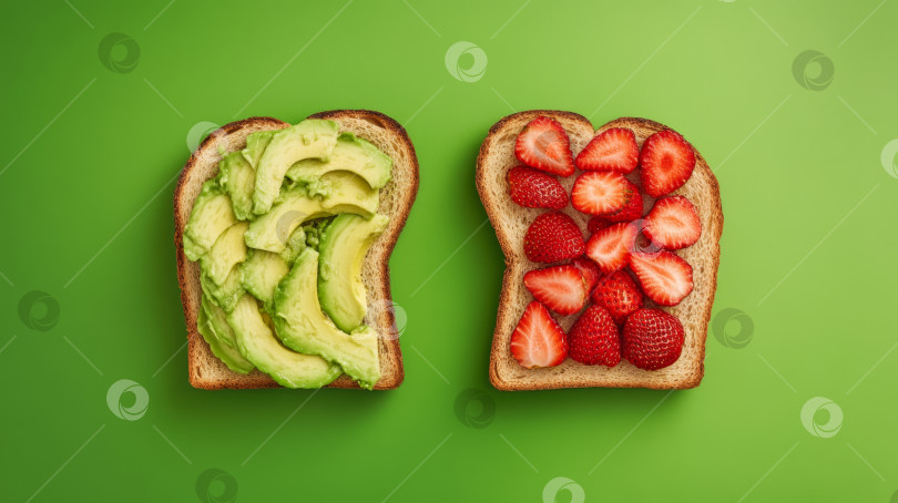 Скачать Креативные тосты с авокадо и клубникой на ярком зеленом фоне подчеркивают здоровый выбор блюд для завтрака фотосток Ozero