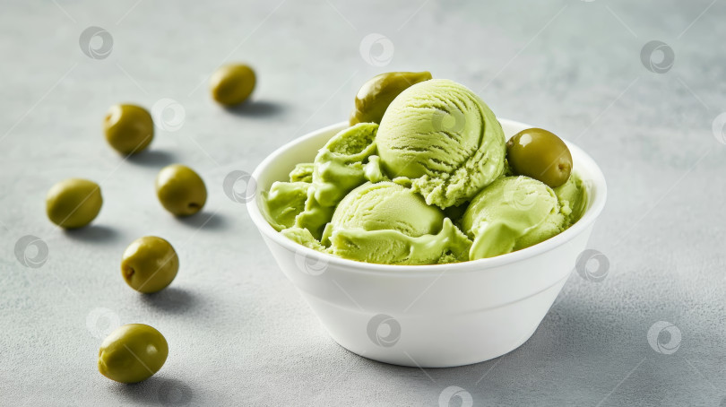 Скачать Наслаждайтесь сливочно-зеленым оливковым мороженым в современной миске на серой поверхности с россыпью оливок фотосток Ozero