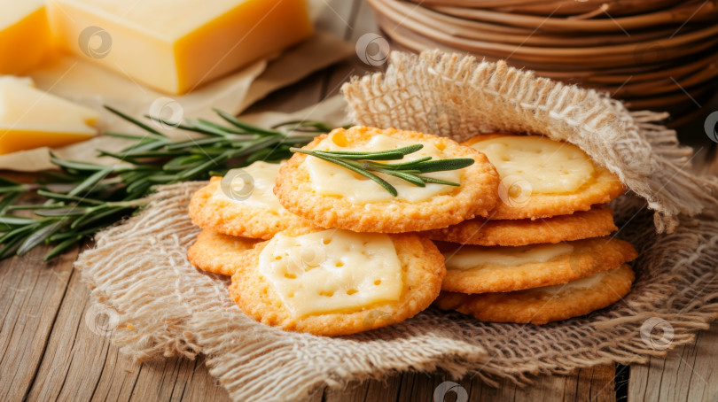 Скачать Вкусные сырные крекеры с розмарином на деревенском деревянном столе в окружении сыра и зелени фотосток Ozero
