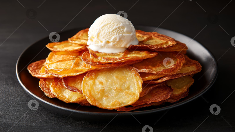 Скачать Восхитительно приготовленные хрустящие картофельные чипсы со сливочно-ванильным мороженым на темной тарелке фотосток Ozero