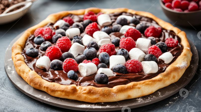 Скачать Вкуснейшая десертная пицца, покрытая шоколадом, ягодами и зефиром, готова к подаче на домашнюю вечеринку фотосток Ozero