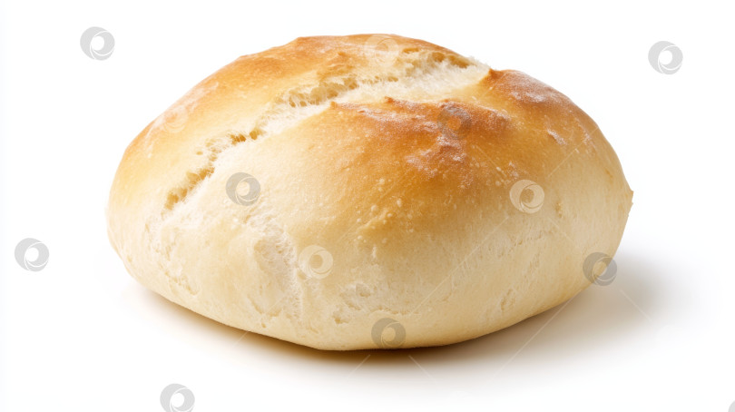 Скачать Свежеиспеченная круглая буханка хлеба с золотистой корочкой и мягкой внутренней поверхностью на белом фоне для кулинарного использования фотосток Ozero