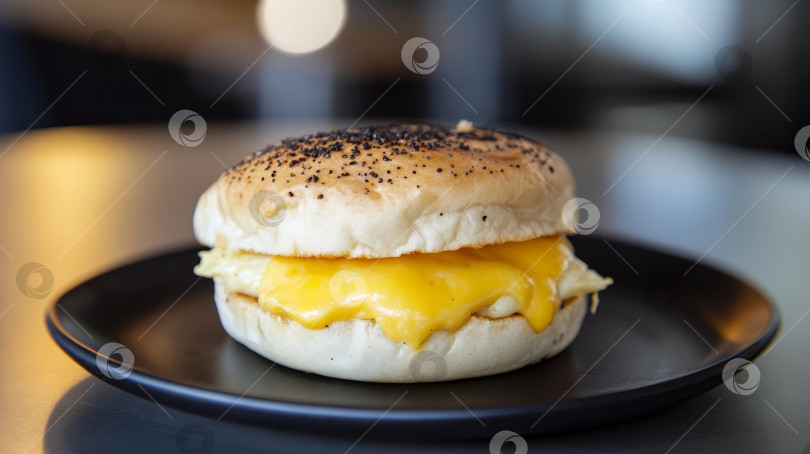 Скачать Теплый сэндвич на завтрак с плавленым сыром и взбитым яйцом на черной тарелке в уютном кафе фотосток Ozero