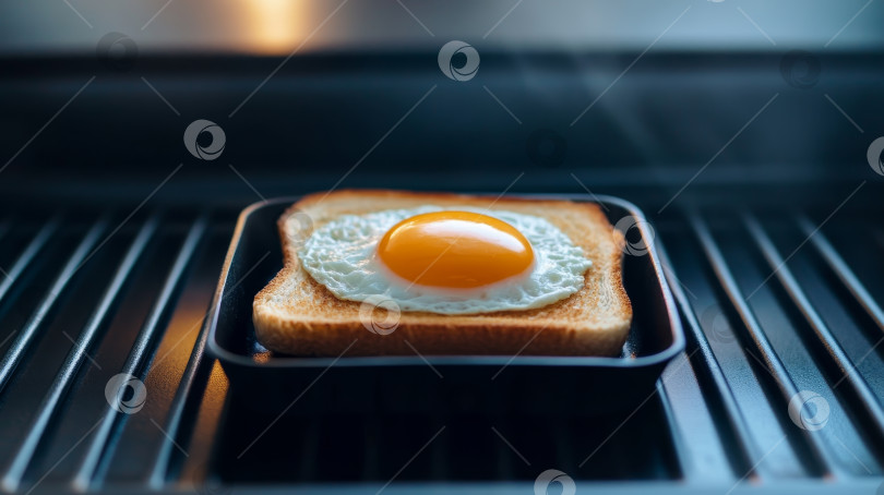 Скачать Свежеприготовленное яйцо на тосте слегка шипит на сковороде фотосток Ozero