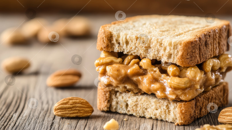 Скачать Вкусный сэндвич с арахисовым маслом и миндалем на деревянном столе, посыпанном миндалем, идеально подходит для быстрого перекуса или завтрака. фотосток Ozero