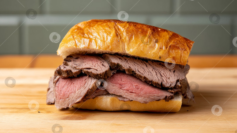 Скачать Вкусный сэндвич с ростбифом на свежеиспеченной булочке, приготовленный на деревянной разделочной доске в простой кухонной обстановке фотосток Ozero