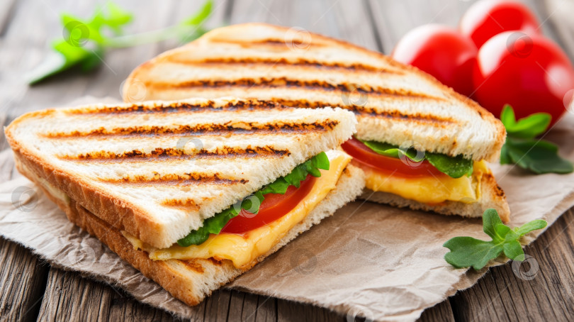 Скачать Приготовленный на гриле сэндвич с сыром, листьями салата и помидорами на деревянном столе в деревенском стиле фотосток Ozero