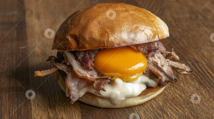 Скачать Вкусный сэндвич с нежным запеченным мясом, идеально приготовленным яйцом и сливочным соусом, идеально подходящий для завтрака или обеда. фотосток Ozero