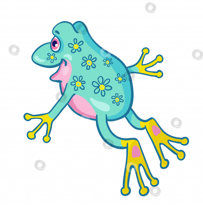 Скачать Маленькая забавная голубая лягушка с цветами на спине прыгает.  В мультяшном стиле фотосток Ozero