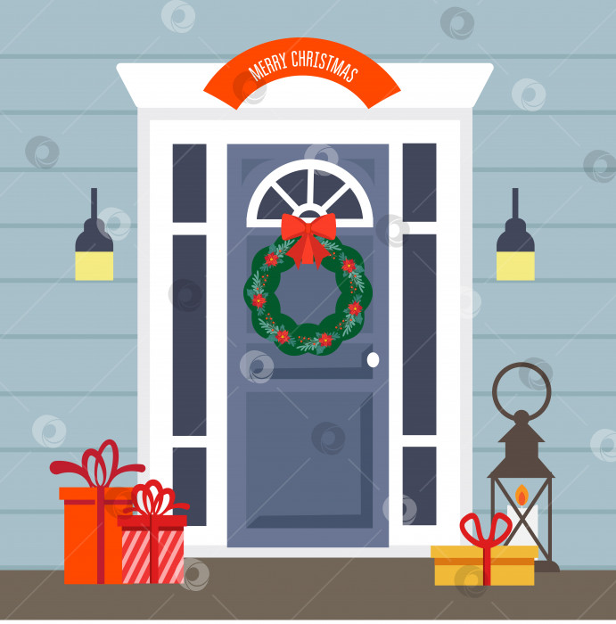 Скачать Рождественская дверь. Украшенная дверь к Рождеству. Рождественский венок. Векторная иллюстрация в плоском мультяшном стиле. фотосток Ozero