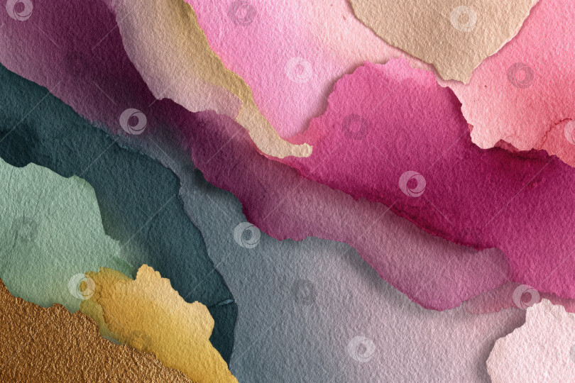 Скачать Абстрактная акварельная иллюстрация с плавными слоями розового, золотого и бирюзового оттенков создает яркий и текстурированный фон, подходящий для художественных дизайнерских проектов. фотосток Ozero