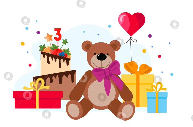 Скачать Милая поздравительная открытка с днем рождения малыша с тортом и игрушками. Иллюстрация в плоском стиле. фотосток Ozero