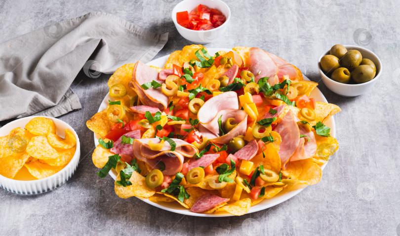 Скачать Мясные начос с чипсами, салями, сыром и оливками на тарелке на веб-баннере table фотосток Ozero