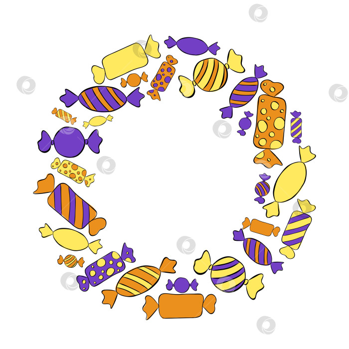 Скачать Шаблон Candy sweets Frame circle round. Векторная графическая иллюстрация чернилами для текста. открытка с днем всех влюбленных и Хэллоуином. Для логотипа, веб-страницы, упаковки, наклейки. фотосток Ozero