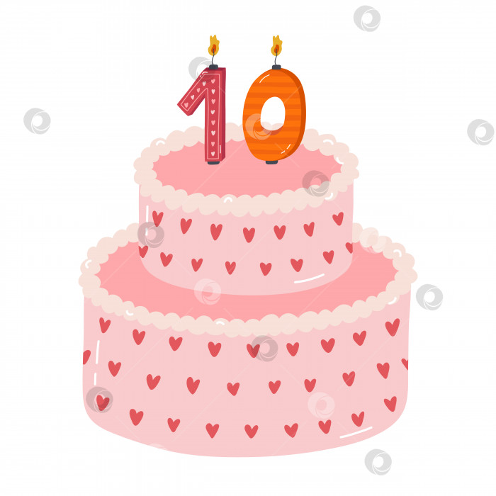 Скачать Симпатичный праздничный торт с горящими свечами в виде цифр. Десерт для празднования каждого года рождения, юбилея. Стилизованный рисованный клипарт с изображением праздничного кекса в скандинавском стиле фотосток Ozero