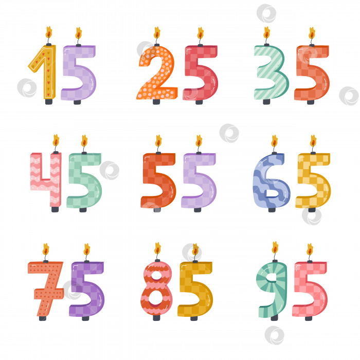 Скачать Симпатичный набор со свечами с номерами дней рождения от 0 до 9 с горящим пламенем в скандинавском стиле. Украшение для праздничного торта на празднование юбилея, дня рождения, свадьбы. Стилизованный рисованный клипарт фотосток Ozero