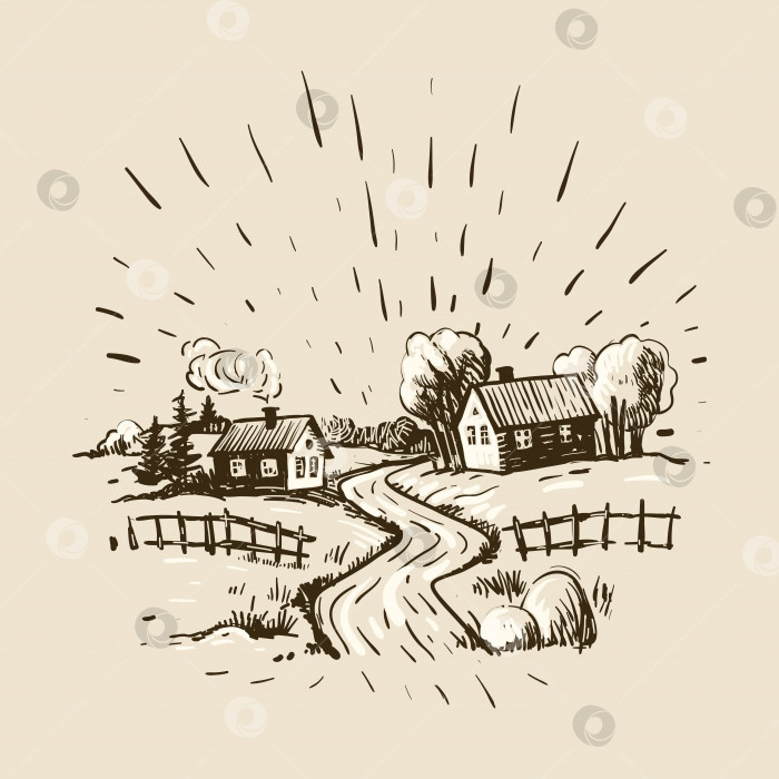 Скачать Деревня с дорогой в стиле эскиза. Сельский природный ландшафт. Векторная иллюстрация. фотосток Ozero