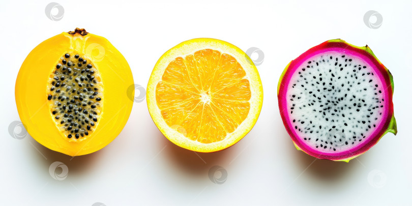 Скачать Экспозиция тропических фруктов с манго, папайей и драконьими плодами для вдохновения при ведении здорового образа жизни и соблюдении диеты фотосток Ozero