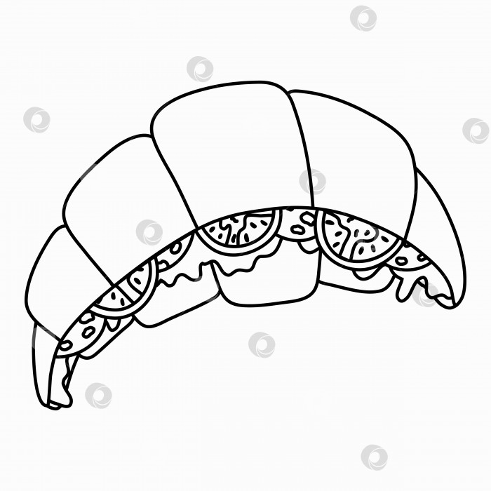 Скачать Симпатичный рисованный круассан в модном наивном стиле. Популярная французская выпечка с салатом, ветчиной и помидорами. Рецепт выпечки для сытного завтрака. Векторные каракули, изолированные на фоне. Меню кафе фотосток Ozero