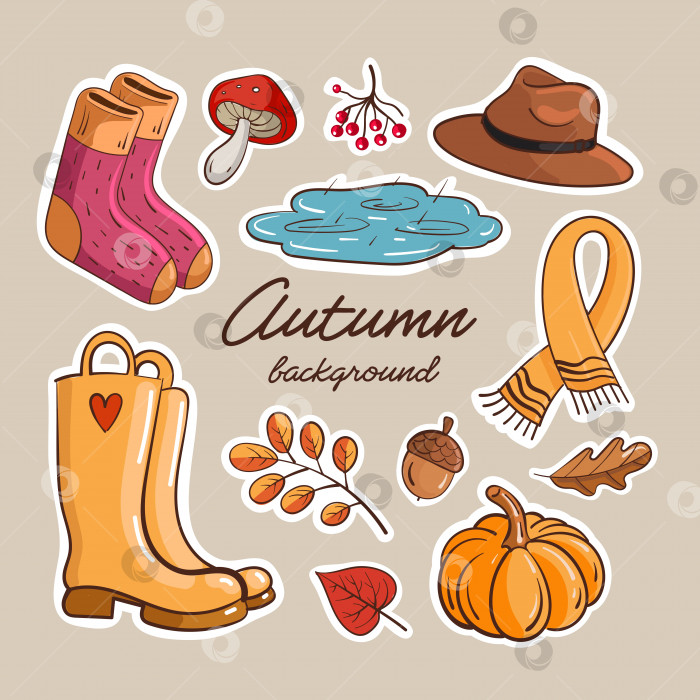 Скачать Осенний комплект сезонной одежды, листьев и ягод. Векторная иллюстрация. фотосток Ozero