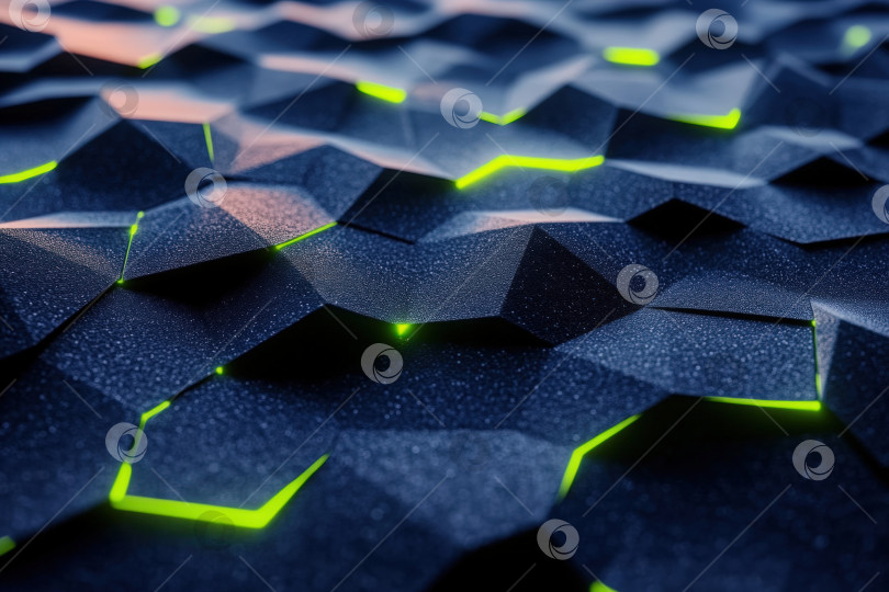 Скачать Абстрактная геометрическая поверхность с шестиугольными узорами и светящимися зелеными акцентами, демонстрирующая эстетику современного дизайна и динамичную визуальную привлекательность в цифровой среде фотосток Ozero