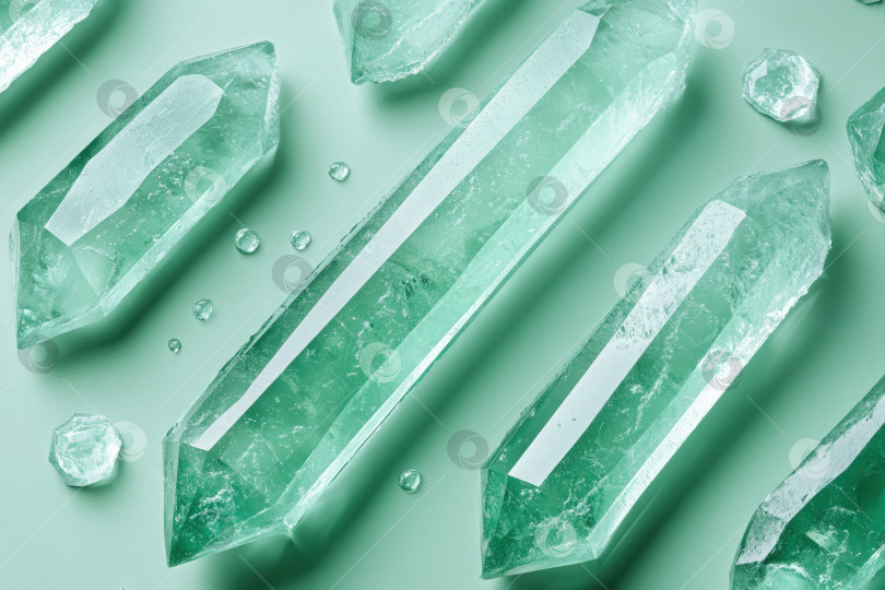 Скачать Зеленые кристаллические образования, художественно расположенные на мягком мятном фоне, демонстрируют свою естественную красоту и уникальную текстуру, идеально подходящие для декоративных или лечебных целей. фотосток Ozero