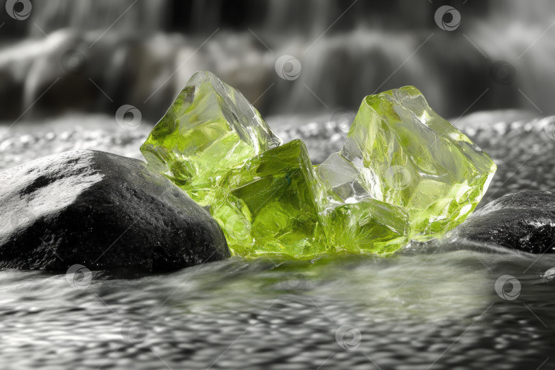 Скачать Зеленые полупрозрачные кристаллы, покоящиеся на темных камнях в окружении безмятежной воды, отражают свет и создают спокойную атмосферу, демонстрируя природную красоту и гармонию фотосток Ozero