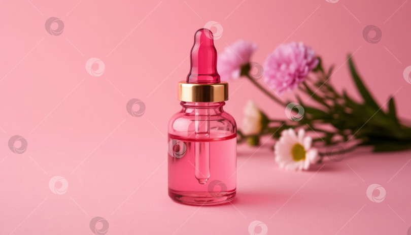 Скачать Розовая стеклянная бутылочка для масла для лица с пипеткой на пастельном фоне фотосток Ozero