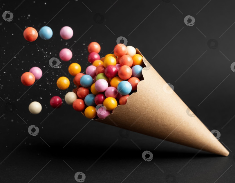 Скачать Пакет из крафт-бумаги с рассыпанными драже на черном фоне фотосток Ozero