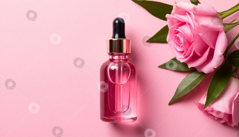 Скачать Розовая стеклянная бутылочка для масла для лица с пипеткой на пастельном фоне фотосток Ozero