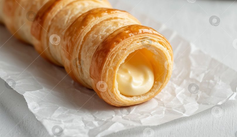 Скачать Кремовый трубчатый торт на белом деревянном фоне фотосток Ozero