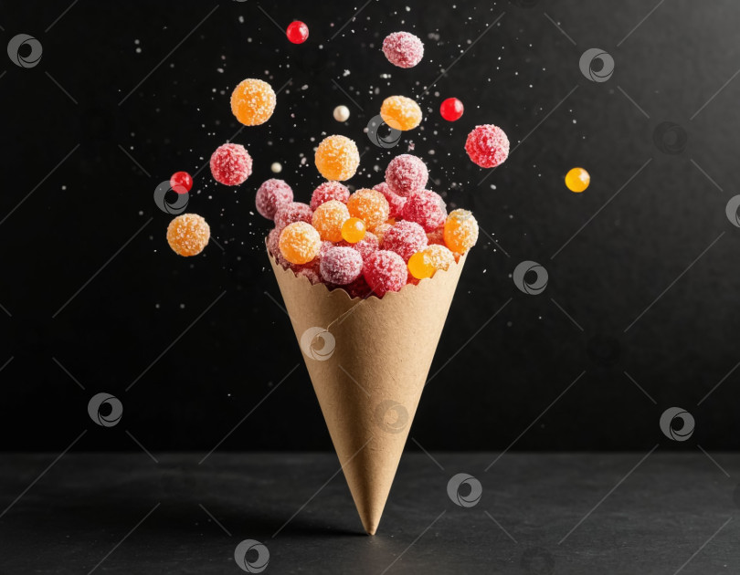 Скачать Пакет из крафт-бумаги с рассыпанными драже на черном фоне фотосток Ozero