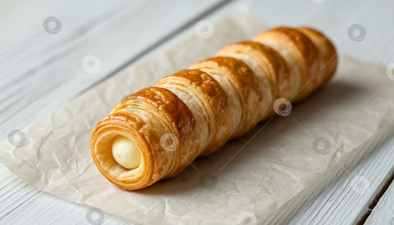 Скачать Кремовый трубчатый торт на белом деревянном фоне фотосток Ozero