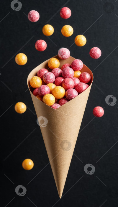 Скачать Пакет из крафт-бумаги с рассыпанными драже на черном фоне фотосток Ozero