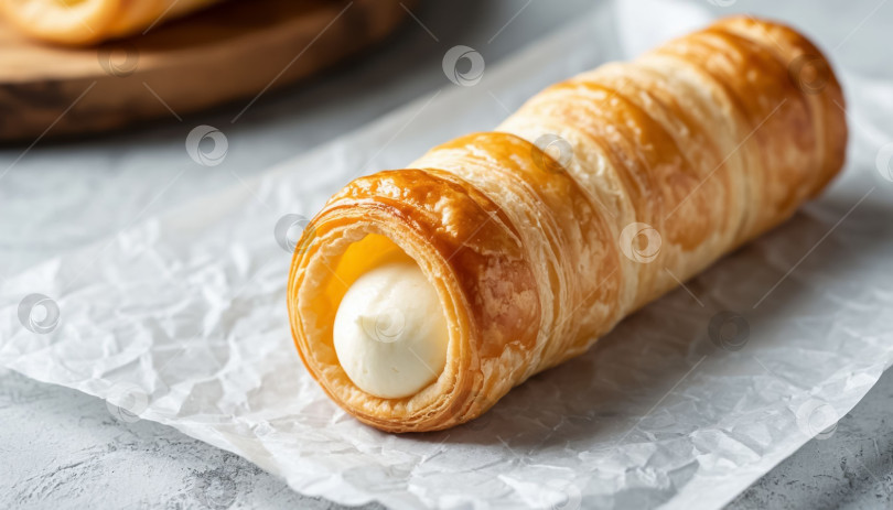 Скачать Кремовый трубчатый торт на белом деревянном фоне фотосток Ozero