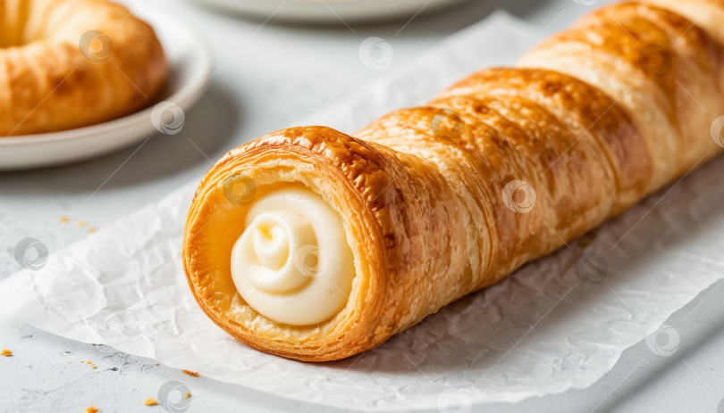 Скачать Кремовый трубчатый торт на белом деревянном фоне фотосток Ozero