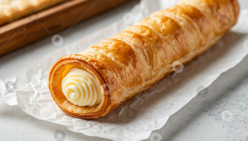 Скачать Кремовый трубчатый торт на белом деревянном фоне фотосток Ozero