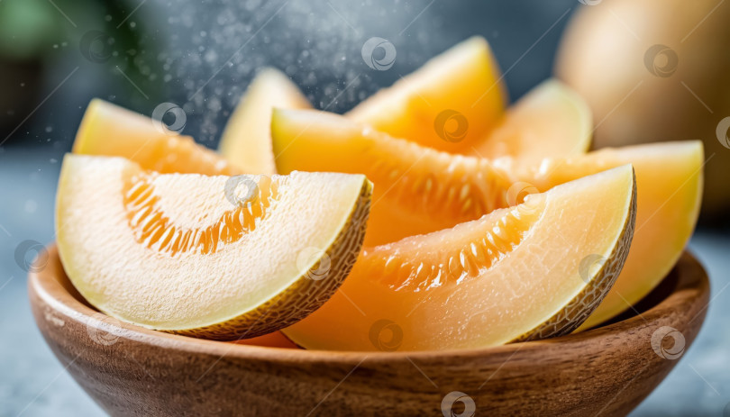 Скачать Ломтики спелой дыни выложить в деревянную миску. фотосток Ozero
