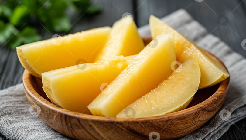 Скачать Ломтики спелой дыни выложить в деревянную миску. фотосток Ozero
