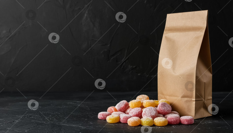 Скачать Бумажный крафт-пакет со сладостями на черном фоне. фотосток Ozero